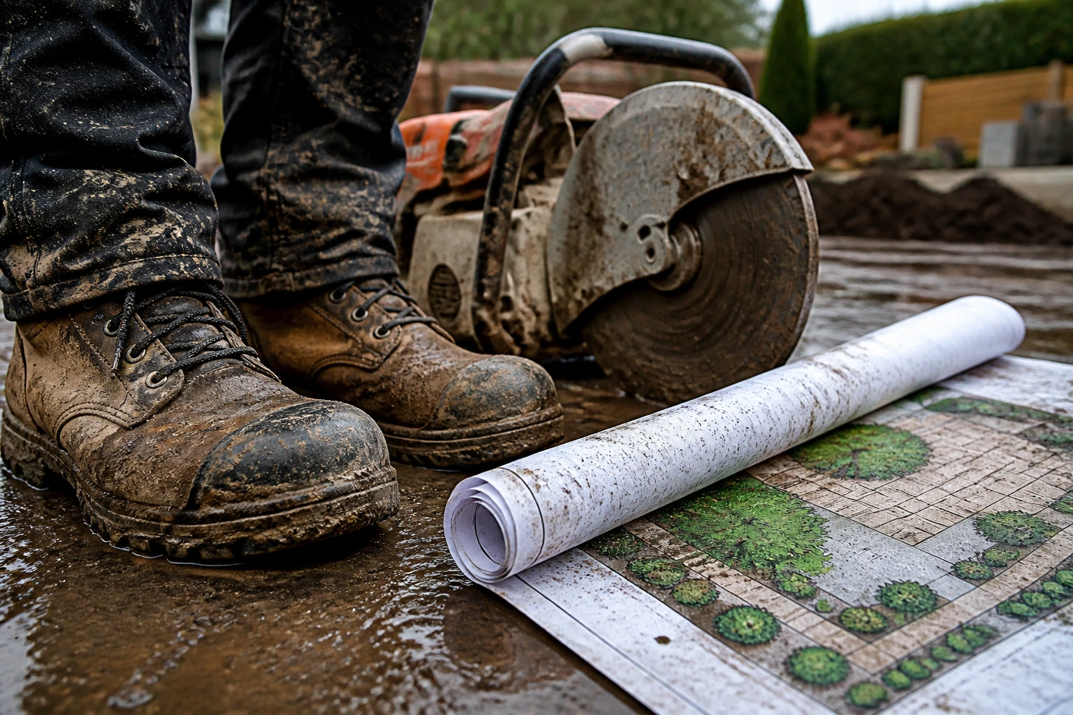 Close-up of muddy boots with a paving saw and planting plan on a wet UK construction site