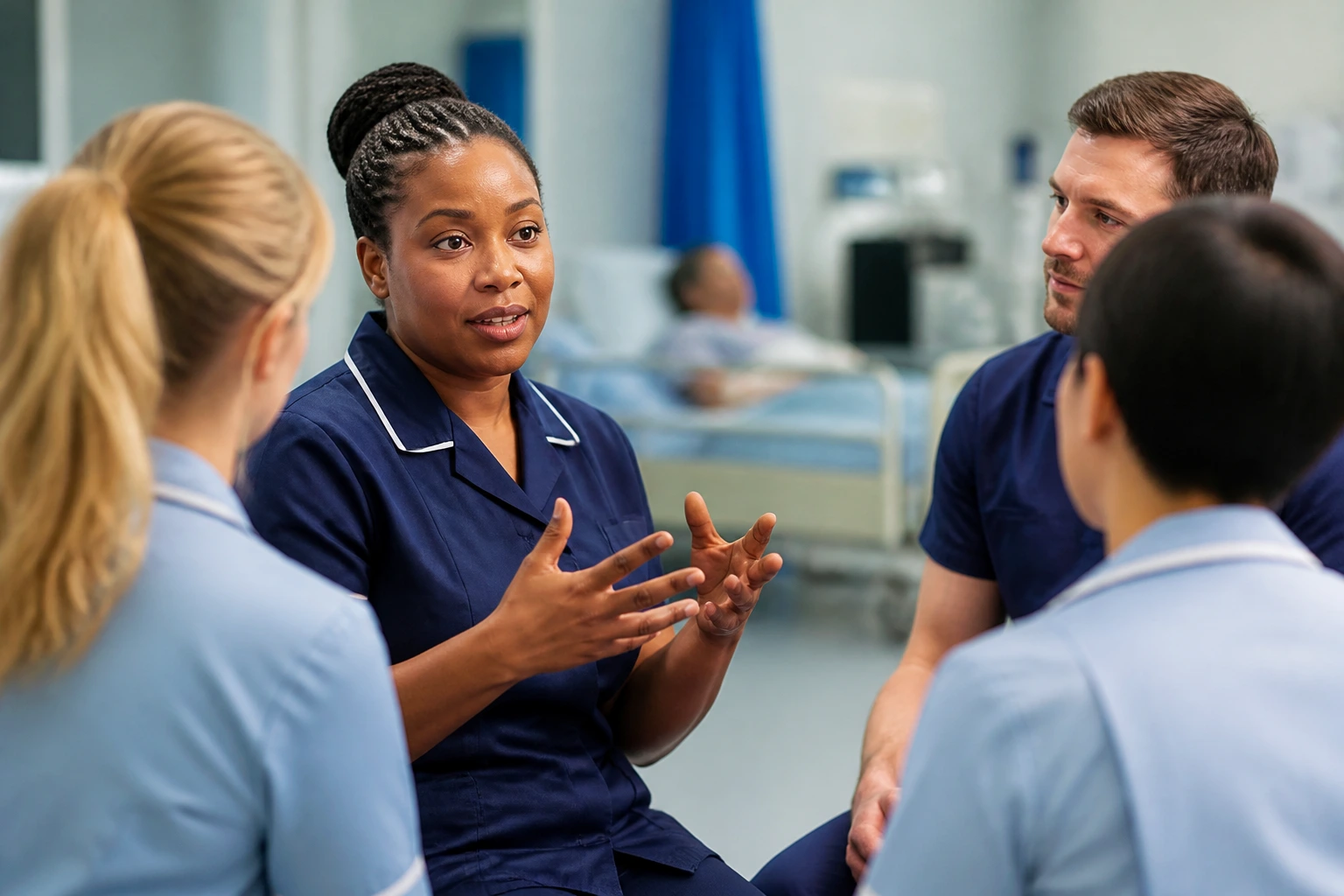 Nurse collaborating with multidisciplinary team in a ward