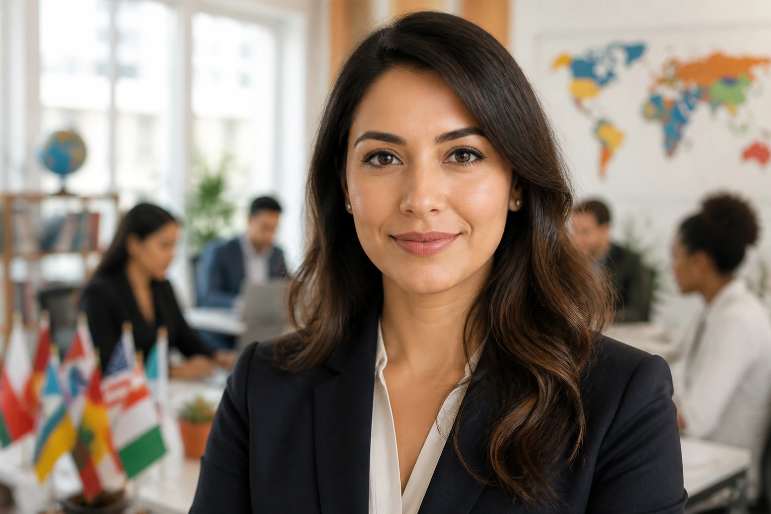 Close-up portrait of a professional insurance recruiter in a modern office, suggesting multilingual recruitment.