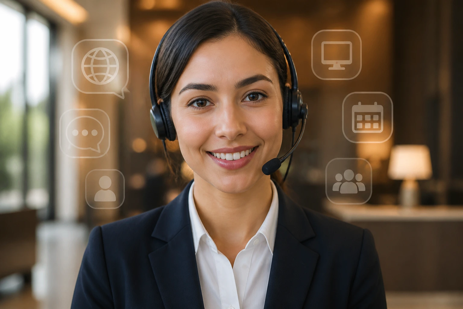 Close-up portrait of a hotel front desk agent showcasing language and software skills.