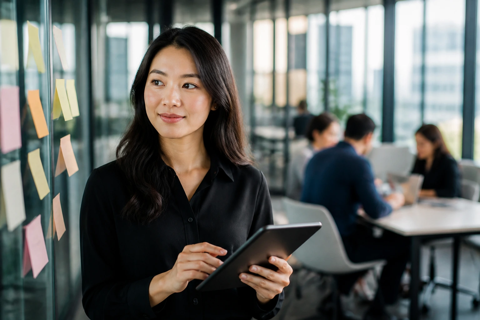 Close-up portrait of a product owner in a modern fintech hub