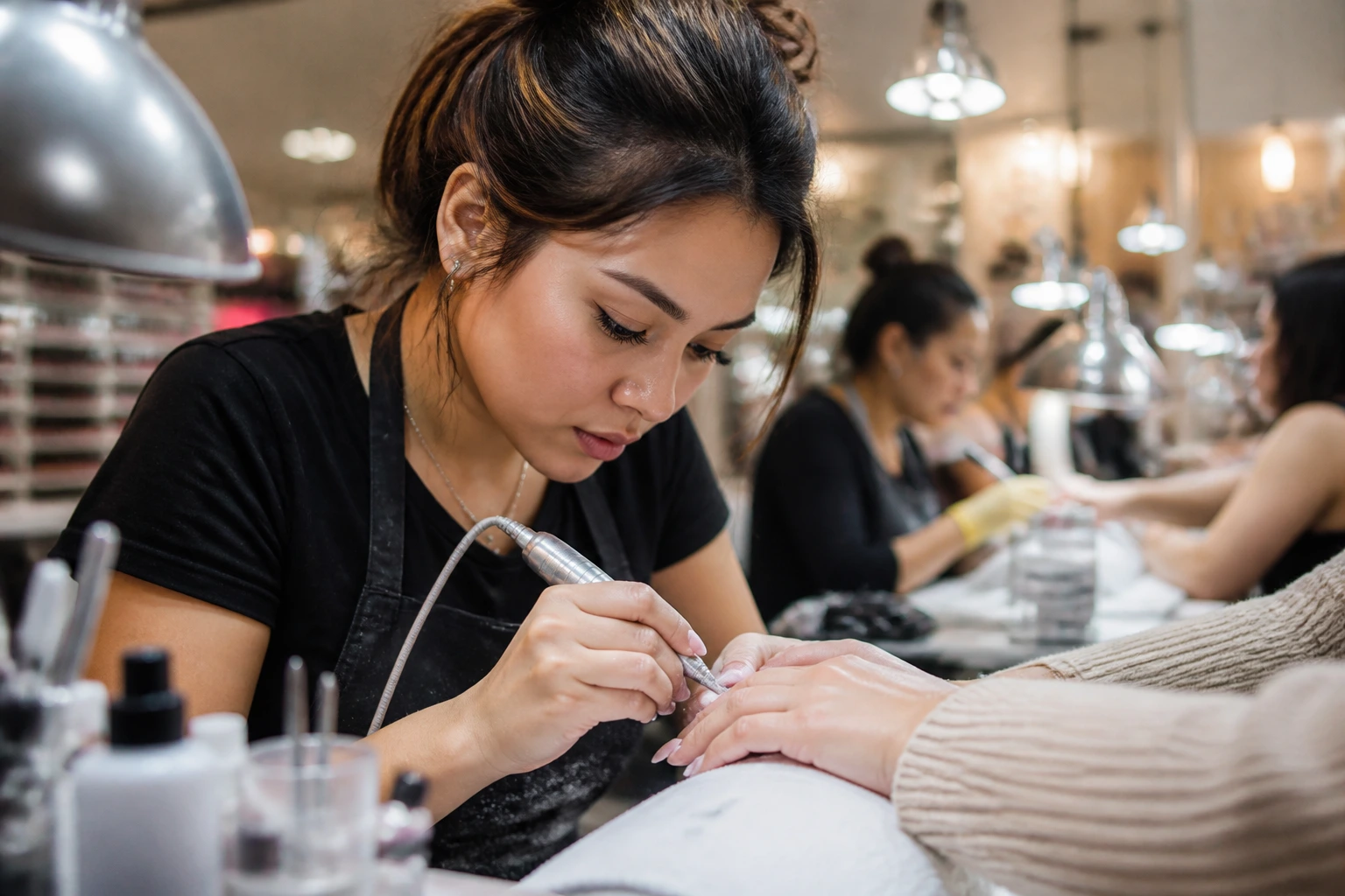 Portrait of a nail technician working in a busy salon with focused expression
