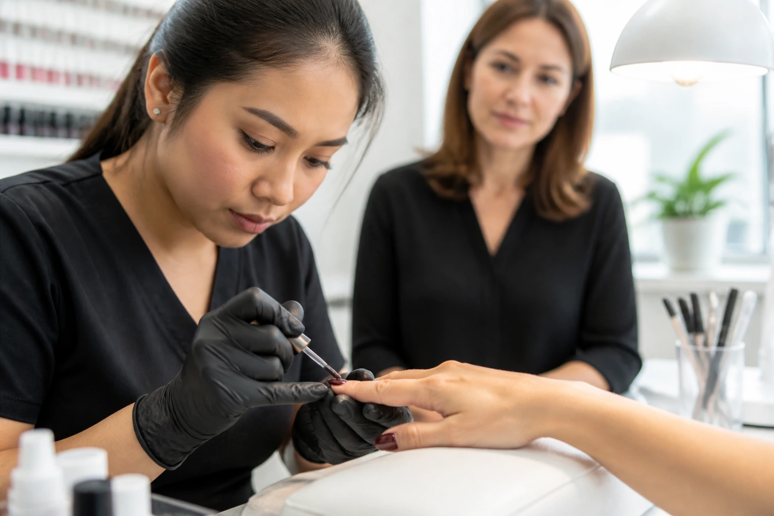 Hands performing gel manicure with supervisor observing in a clean salon
