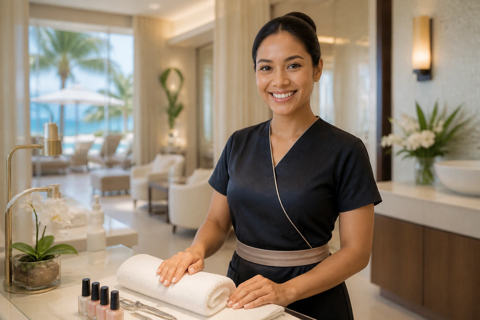 Portrait of nail technician at resort spa representing sponsorship opportunities in the USA.