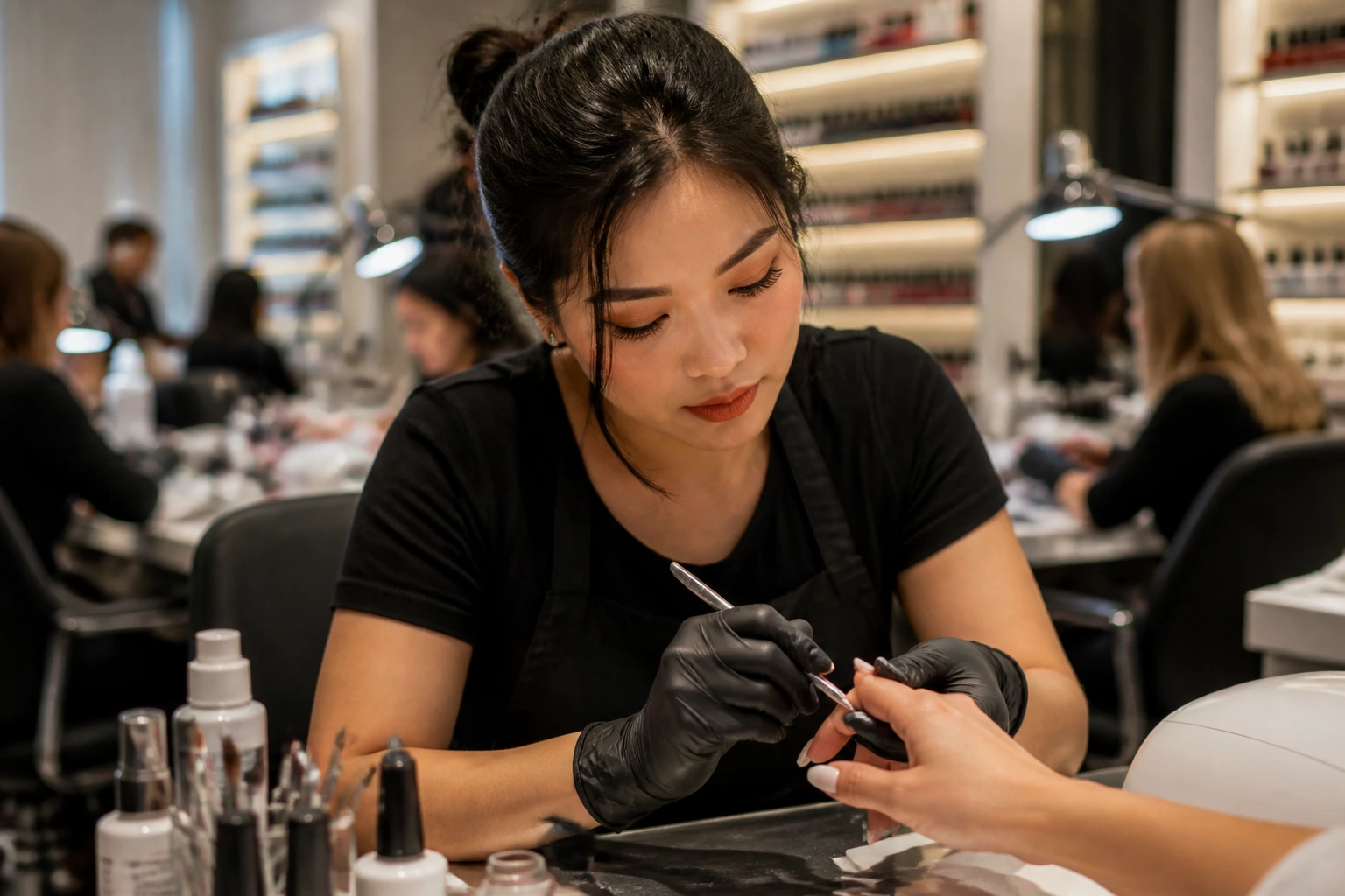 Close-up portrait of a nail technician at a salon station, showing focus and method during early months