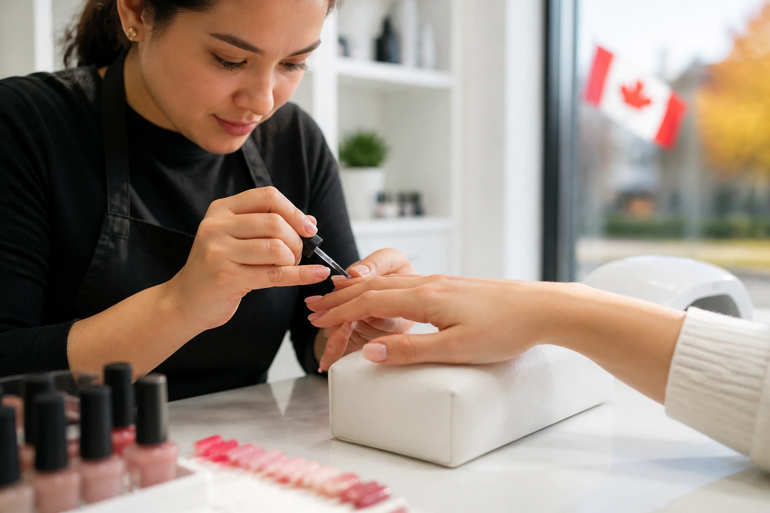 Close-up of a nail technician's hands performing a manicure in a bright Canadian salon