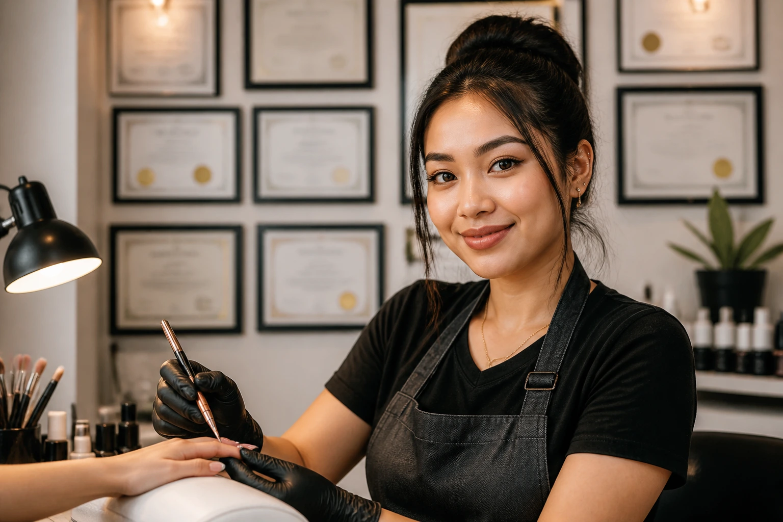 Nail technician in front of training certificates in a salon setting