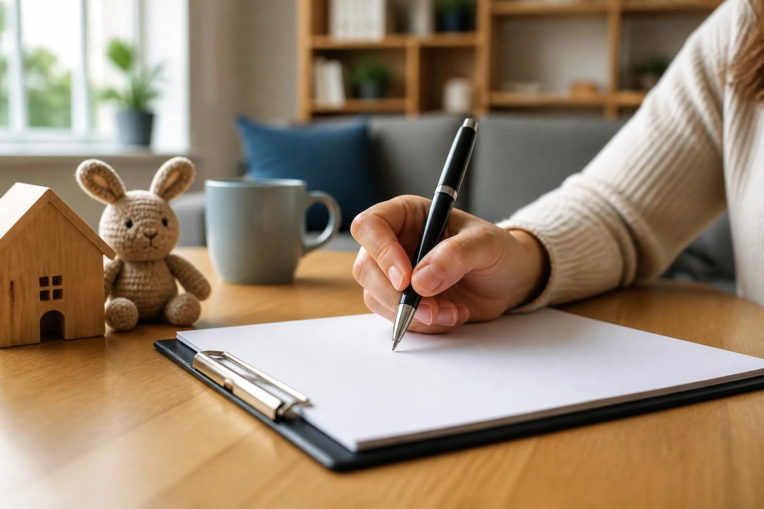 Close-up of a hand with a pen over a blank document on a desk, suggesting drafting a nanny agreement