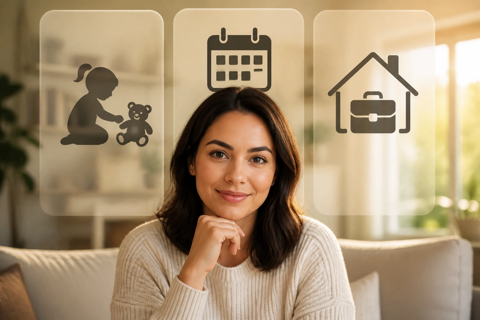 Portrait of a real person with icons representing nanny, au pair, and household manager roles behind