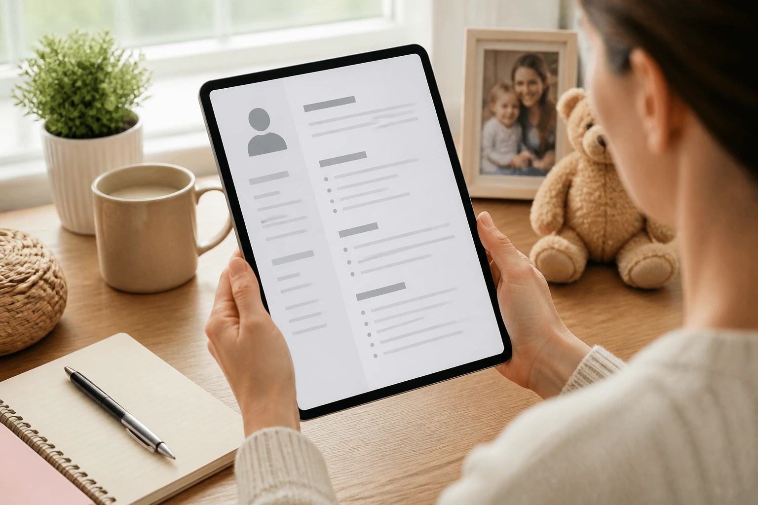 Close-up of a person holding a tablet with a blank resume page, illustrating nanny CV building