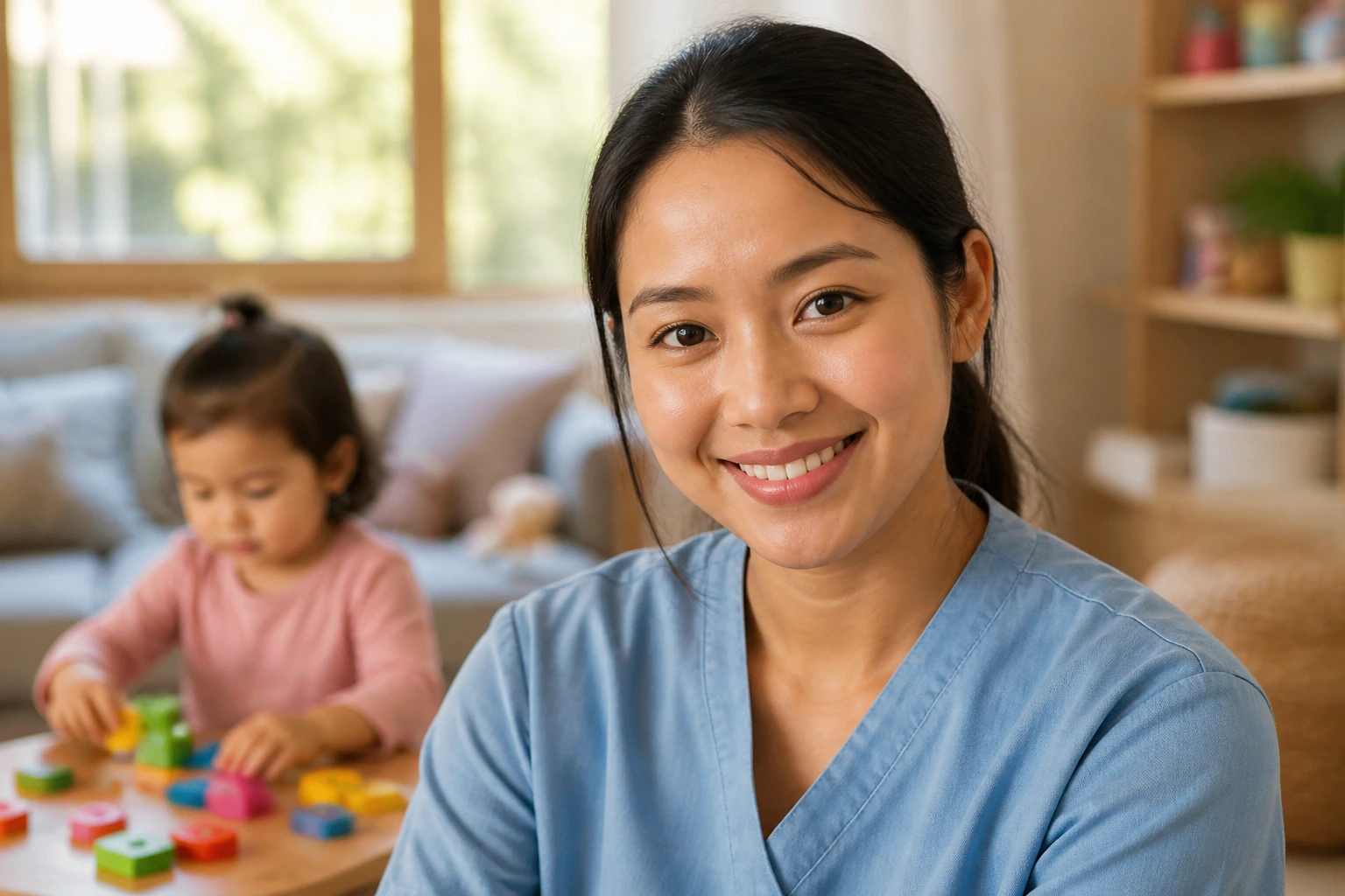 Close-up portrait of a full-time nanny in a home setting with a child in the background