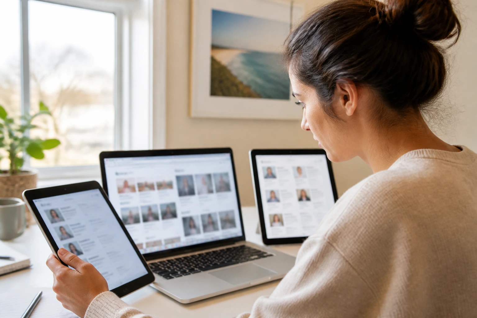Person in a home office viewing multiple devices for nanny interviews, no text visible on screens