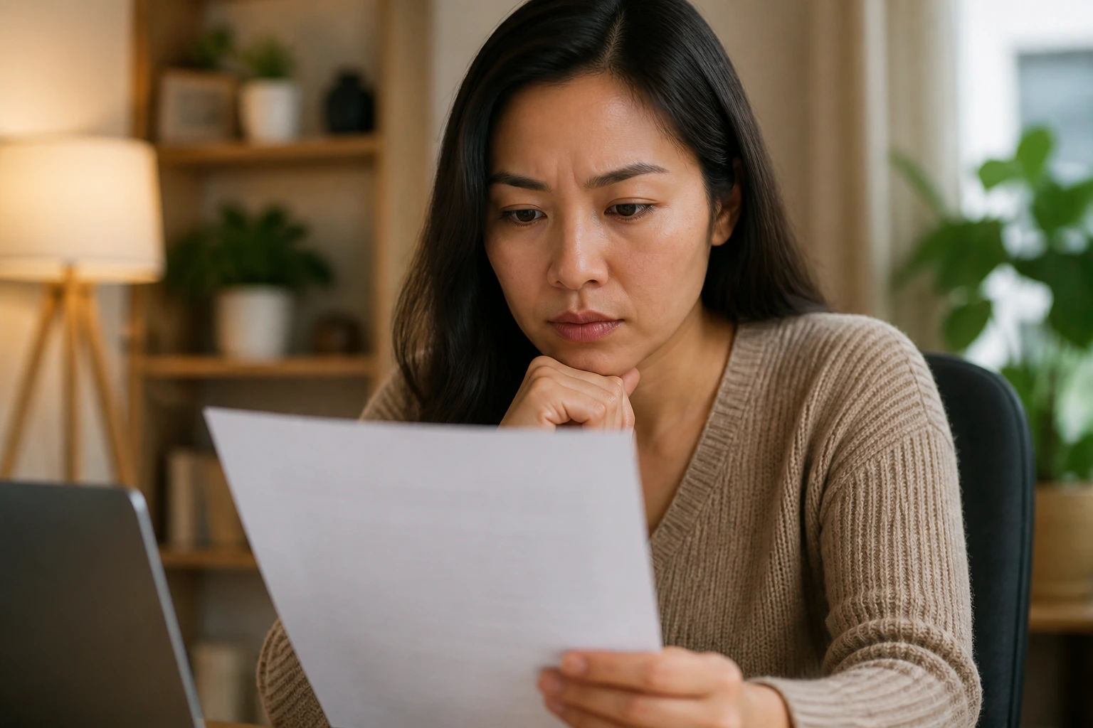 Real person in home office with a blurred contract-like paper to symbolize clear job offer details for nanny roles