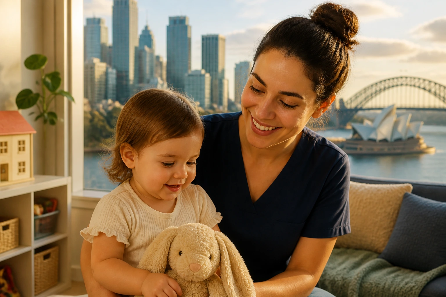 Caregiver in city apartment with skyline, looking toward camera.