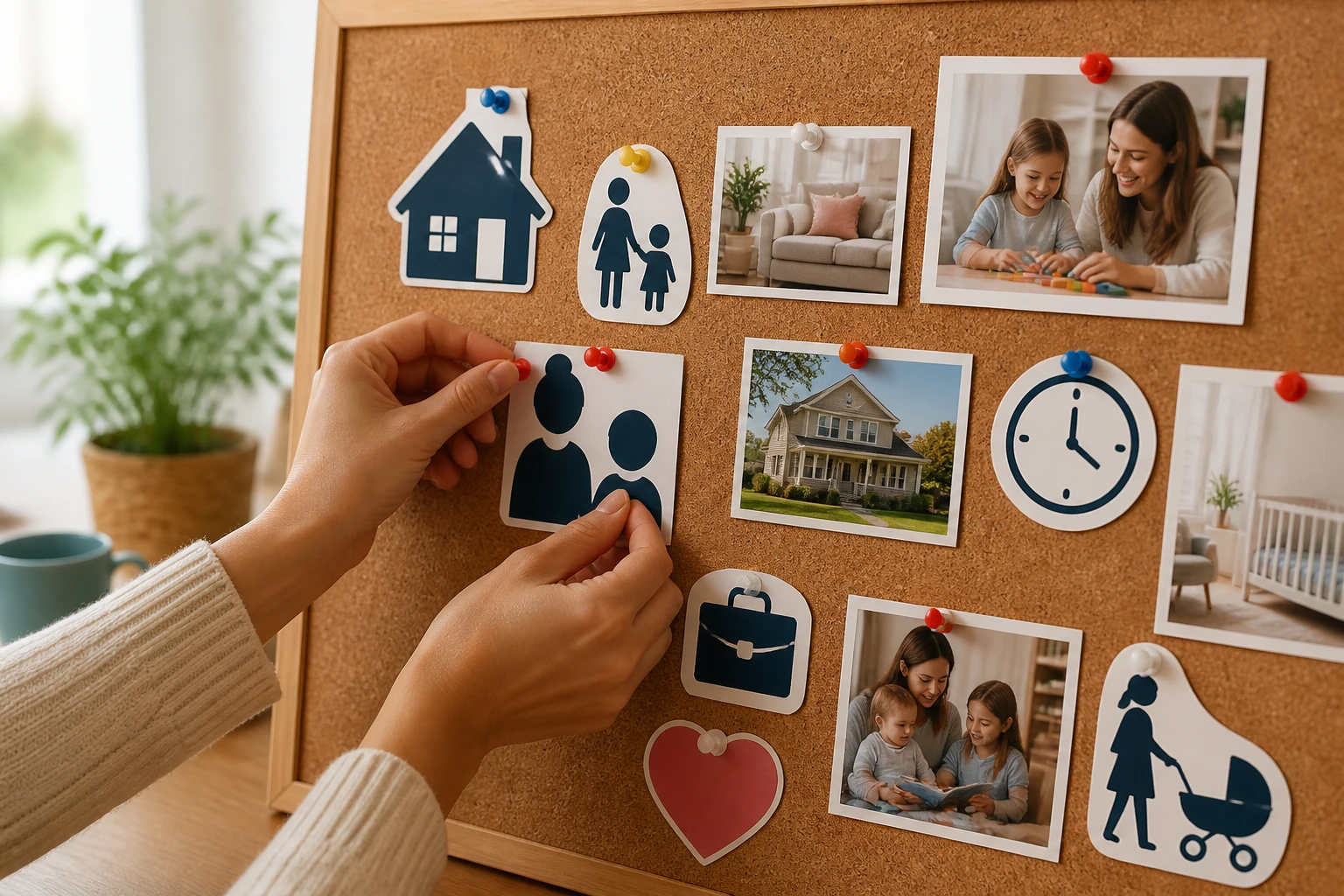 Close-up of a corkboard with abstract nanny icons in a home-office setting