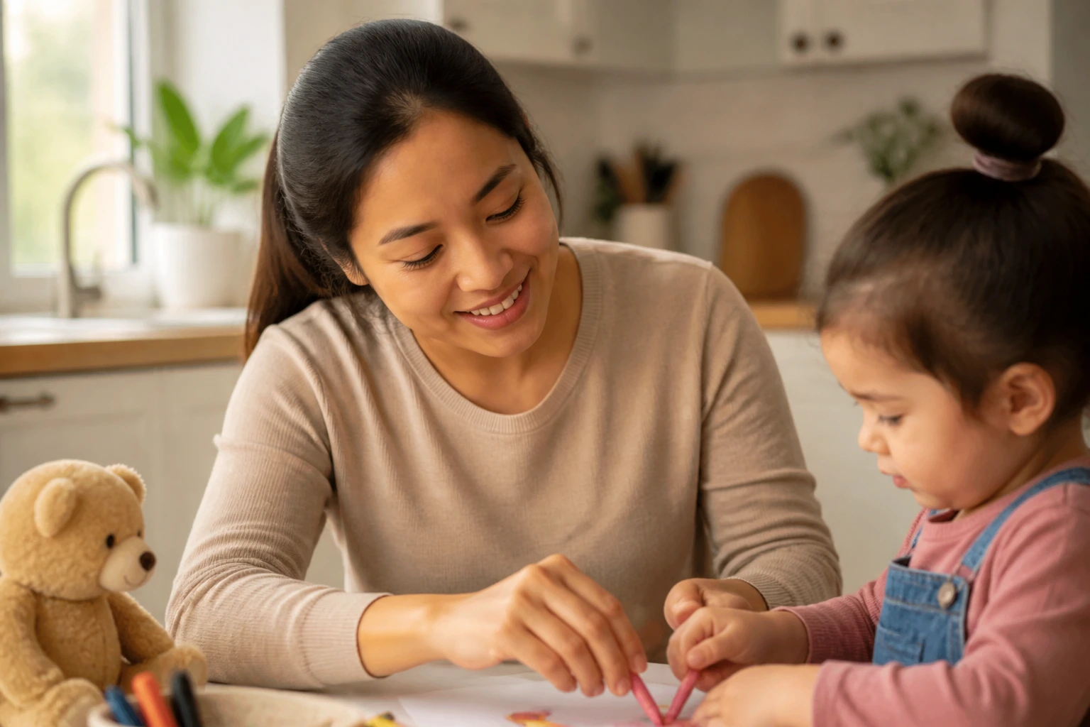 Live-in nanny in a warm kitchen helping a child at a table