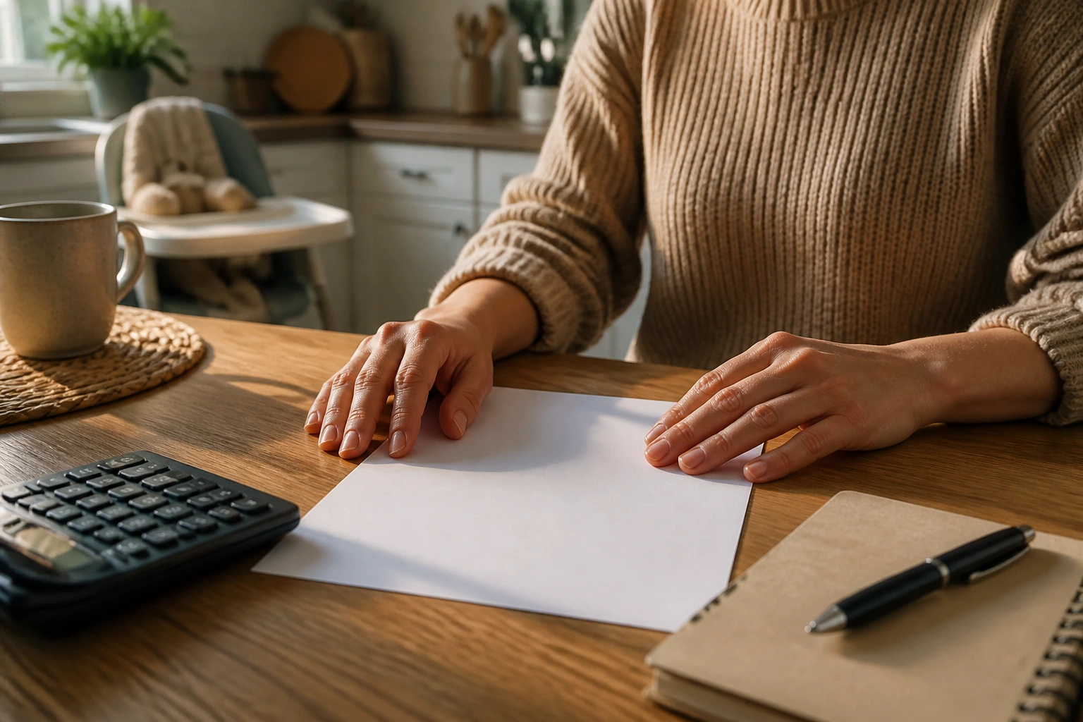 Close-up of hands over a blank document on a kitchen table, examining pay and hours for live-in nanny work