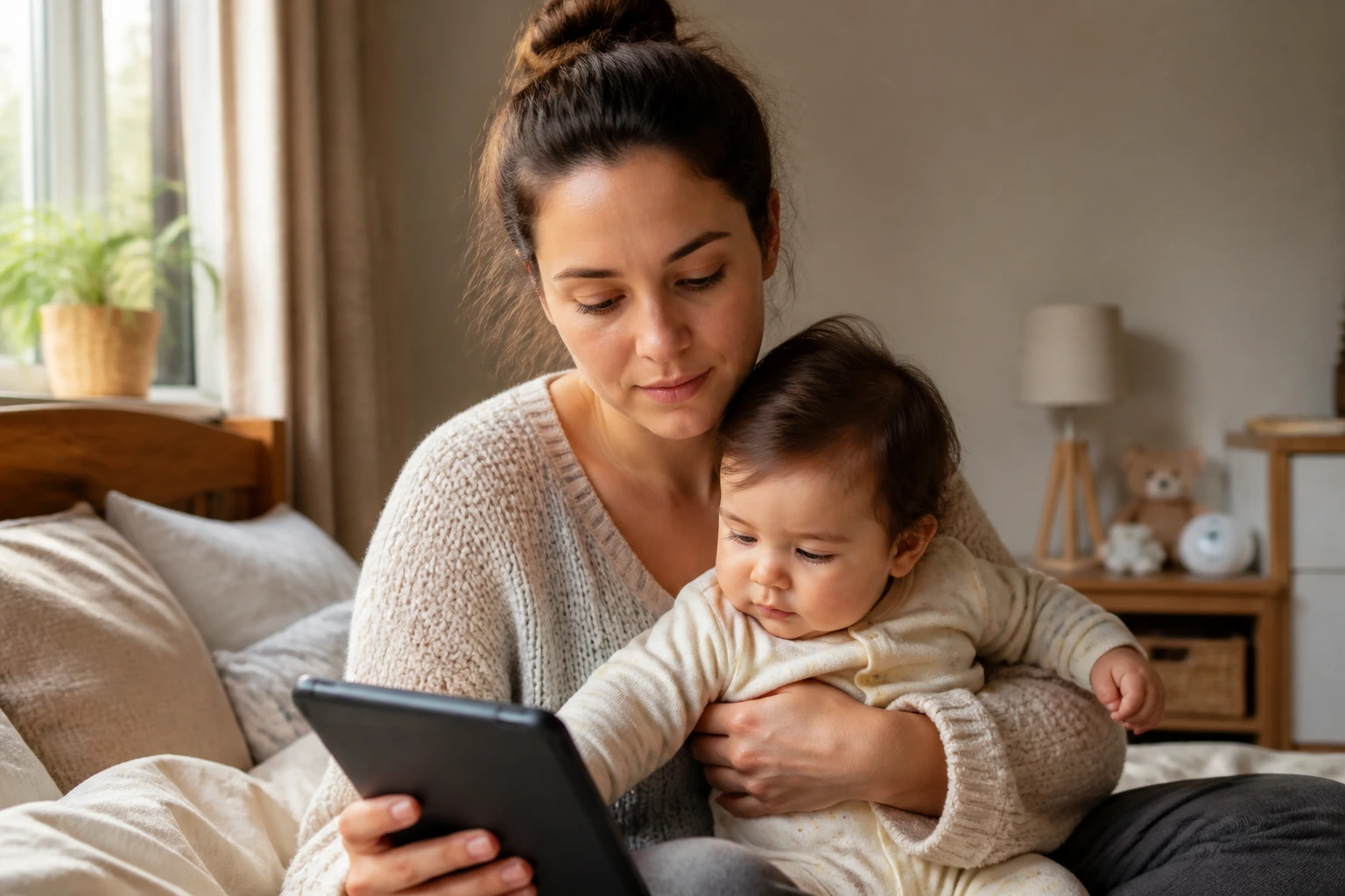 Real nanny portrait in a bedroom illustrating live-in pay and accommodation concepts