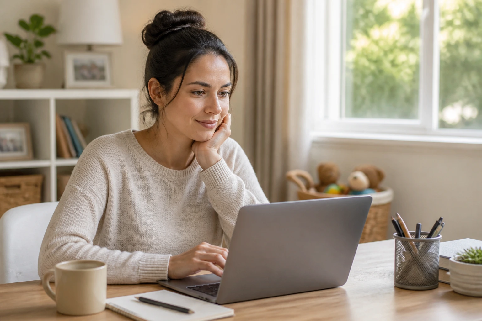 Person at a desk in a bright home office implying legitimate online postings