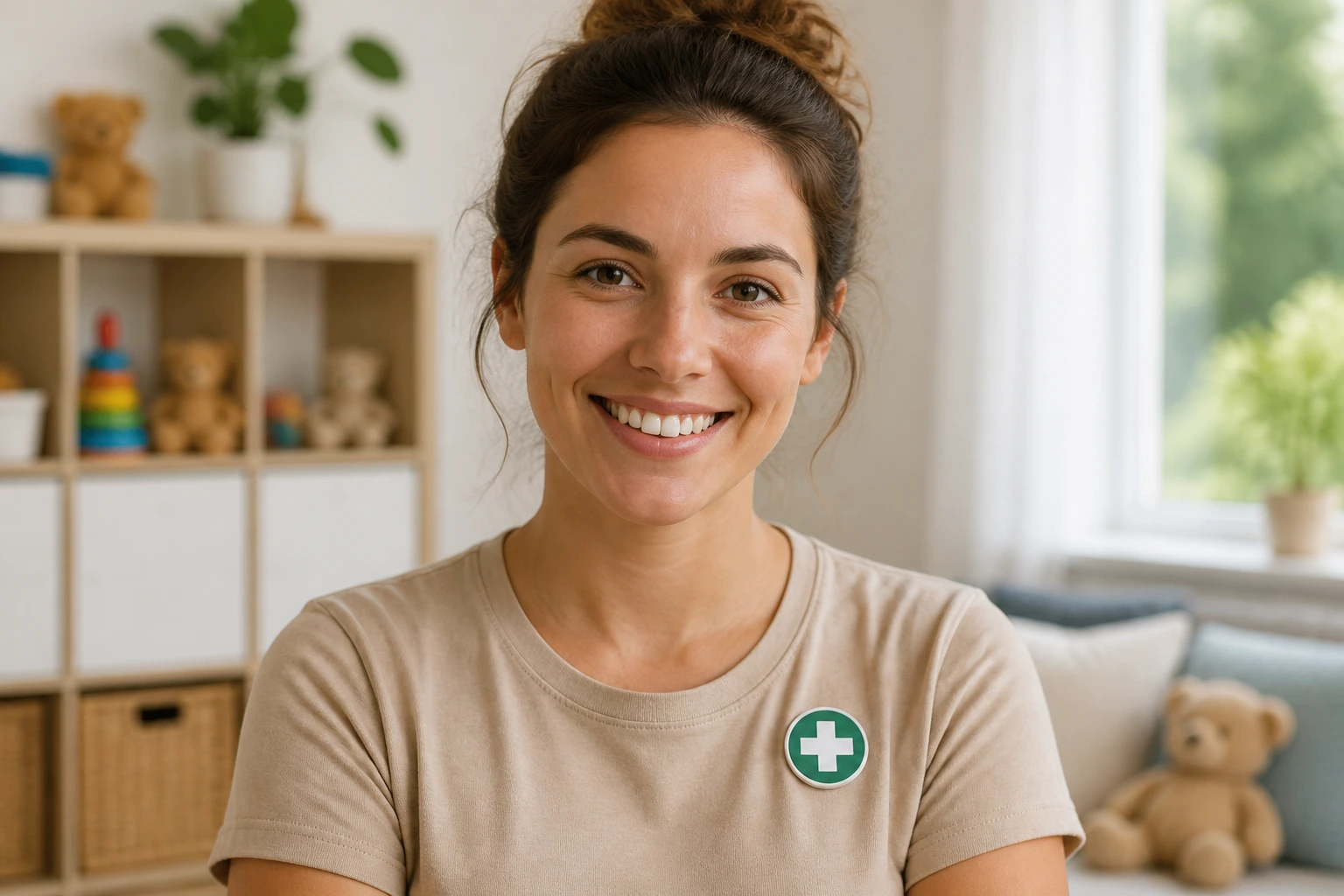 Portrait of a real person wearing a safety badge with a medical symbol, suggesting nanny qualifications