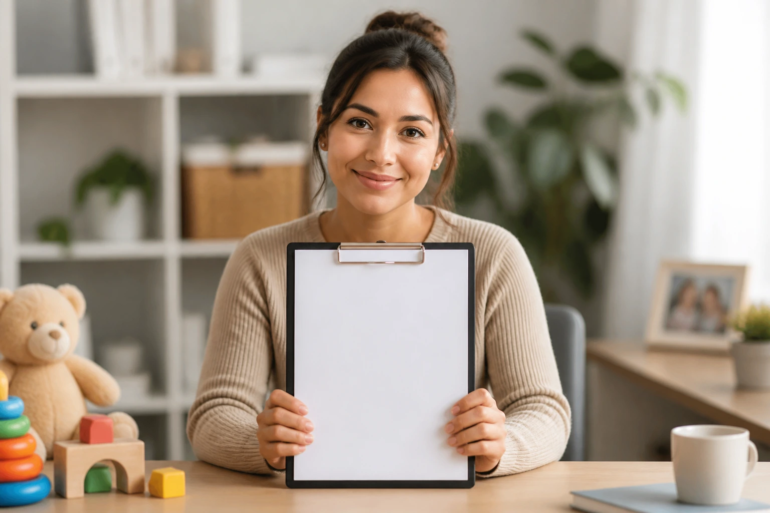 Nanny portrait in a home office with a blank clipboard suggesting a concise resume
