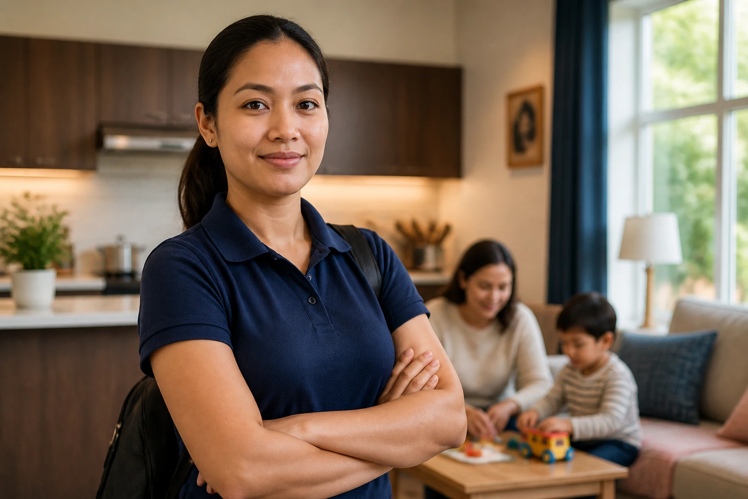 Portrait of a nanny in a warm home interior