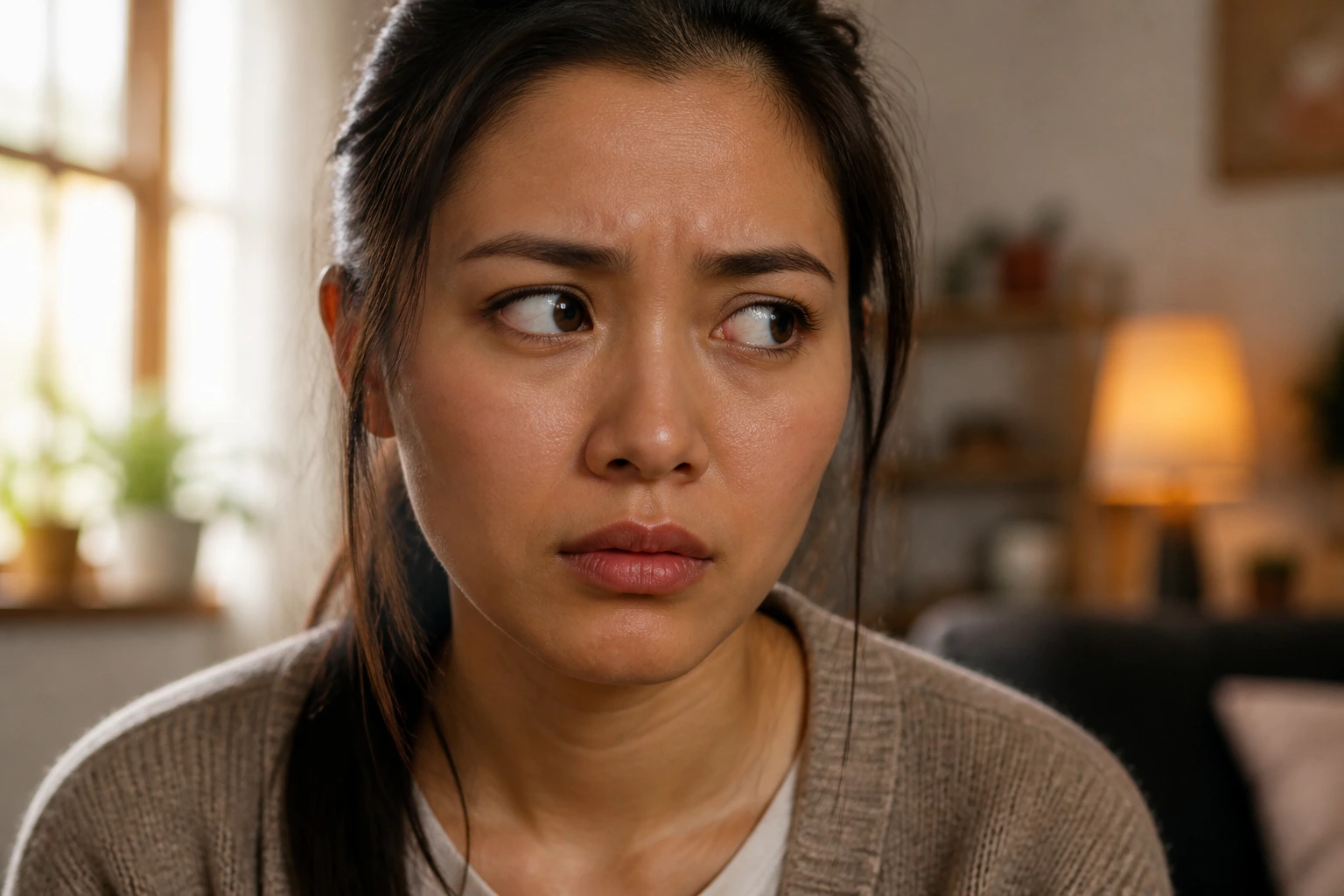 Close-up portrait of a wary nanny candidate, emphasizing red flags through expression and lighting.