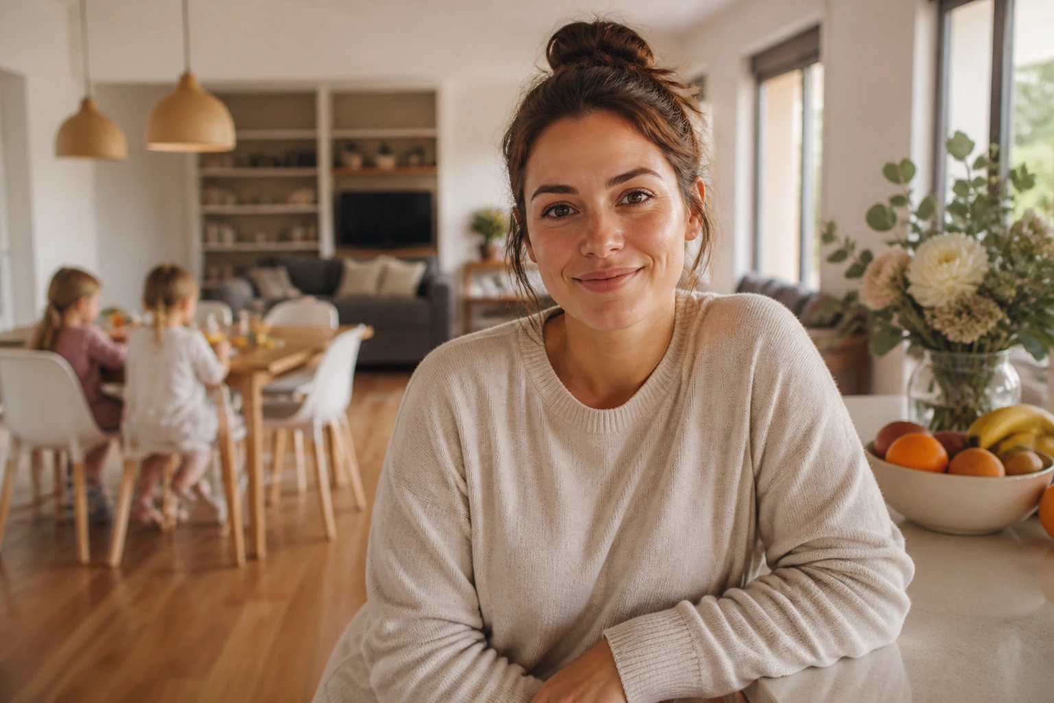 Medium close-up portrait of a nanny in a warm kitchen, calm and relaxed