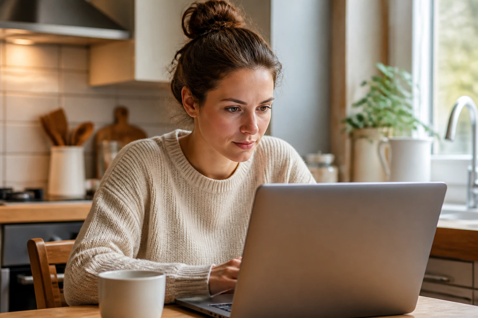 Nanny candidate exploring diverse job sources at a kitchen table