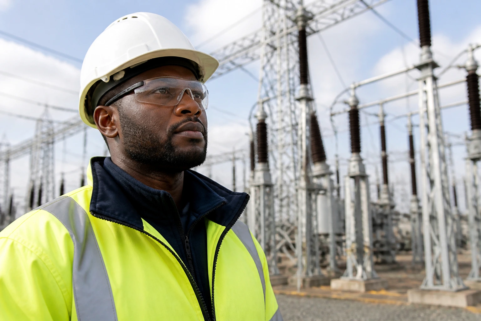 Engineer at a substation with high-voltage equipment behind.