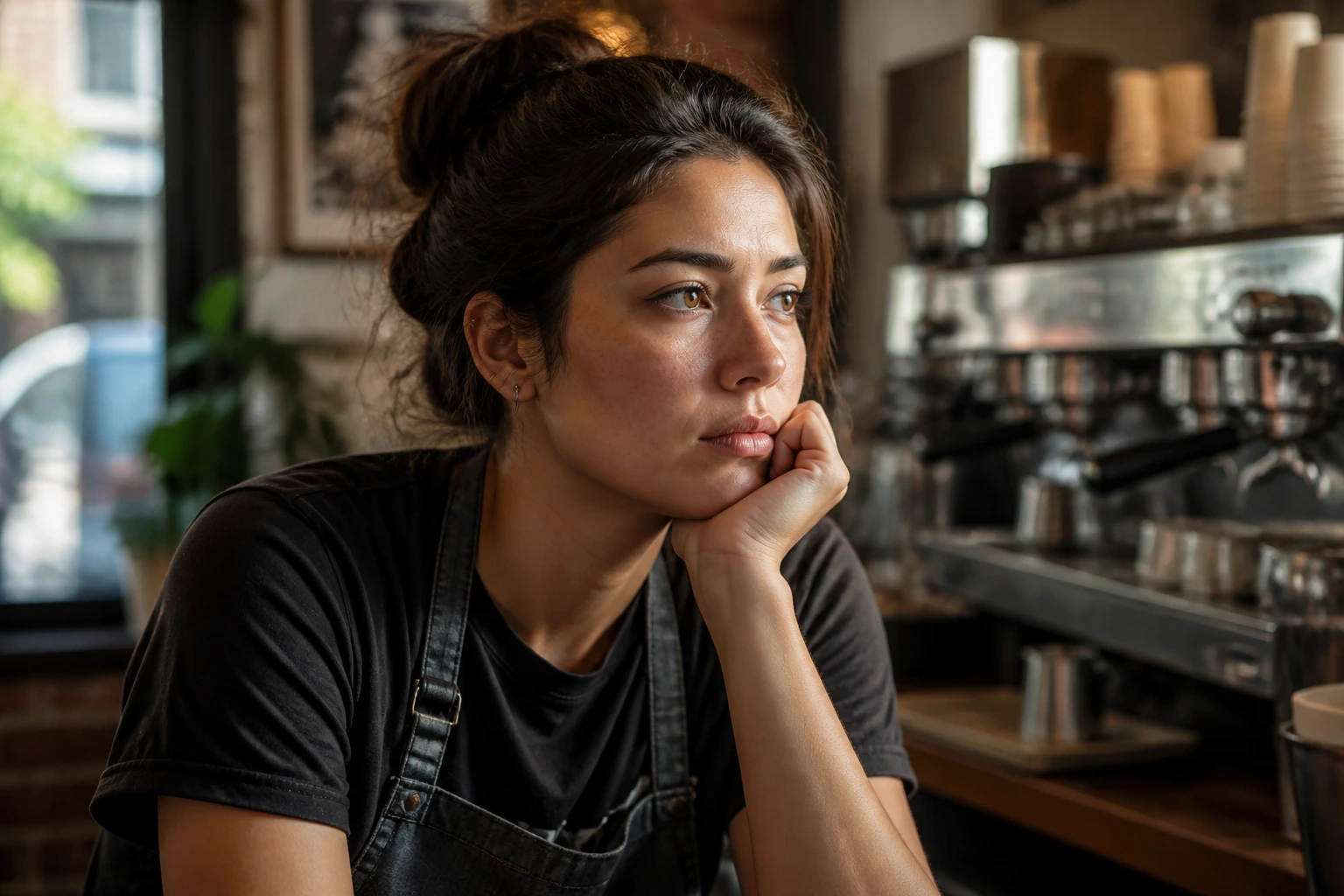 Close-up portrait of a barista in a cozy neighborhood cafe, thoughtful and serious