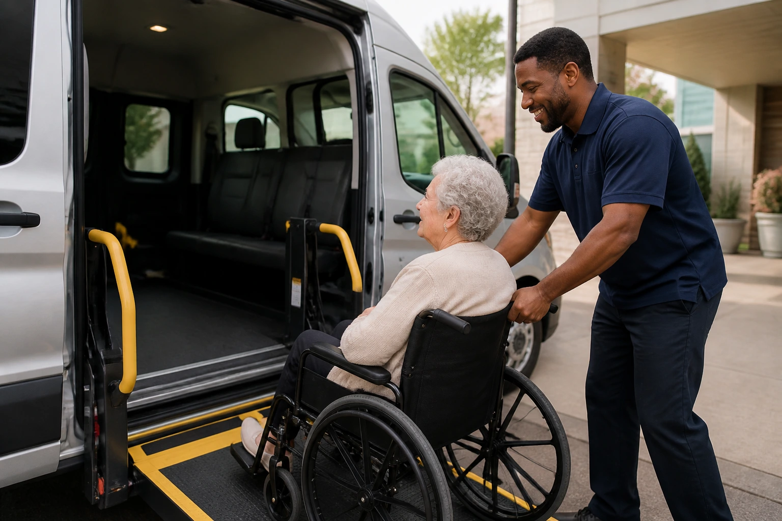 Driver helping an elderly patient into a wheelchair-accessible NEMT van.