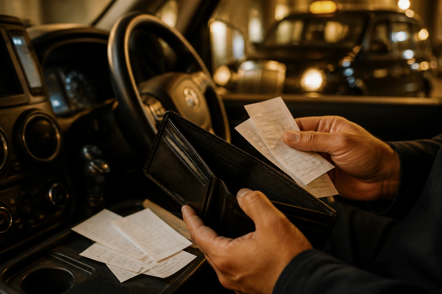 Driver’s hands with a wallet and blank receipts inside a car interior