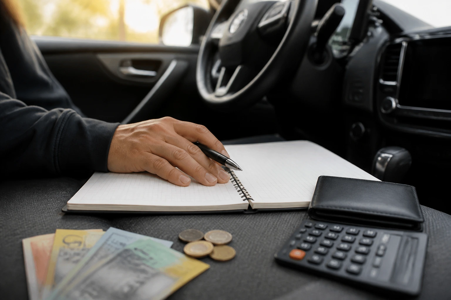 Close-up of a driver’s hand with a blank ledger, representing deductions on rideshare income.