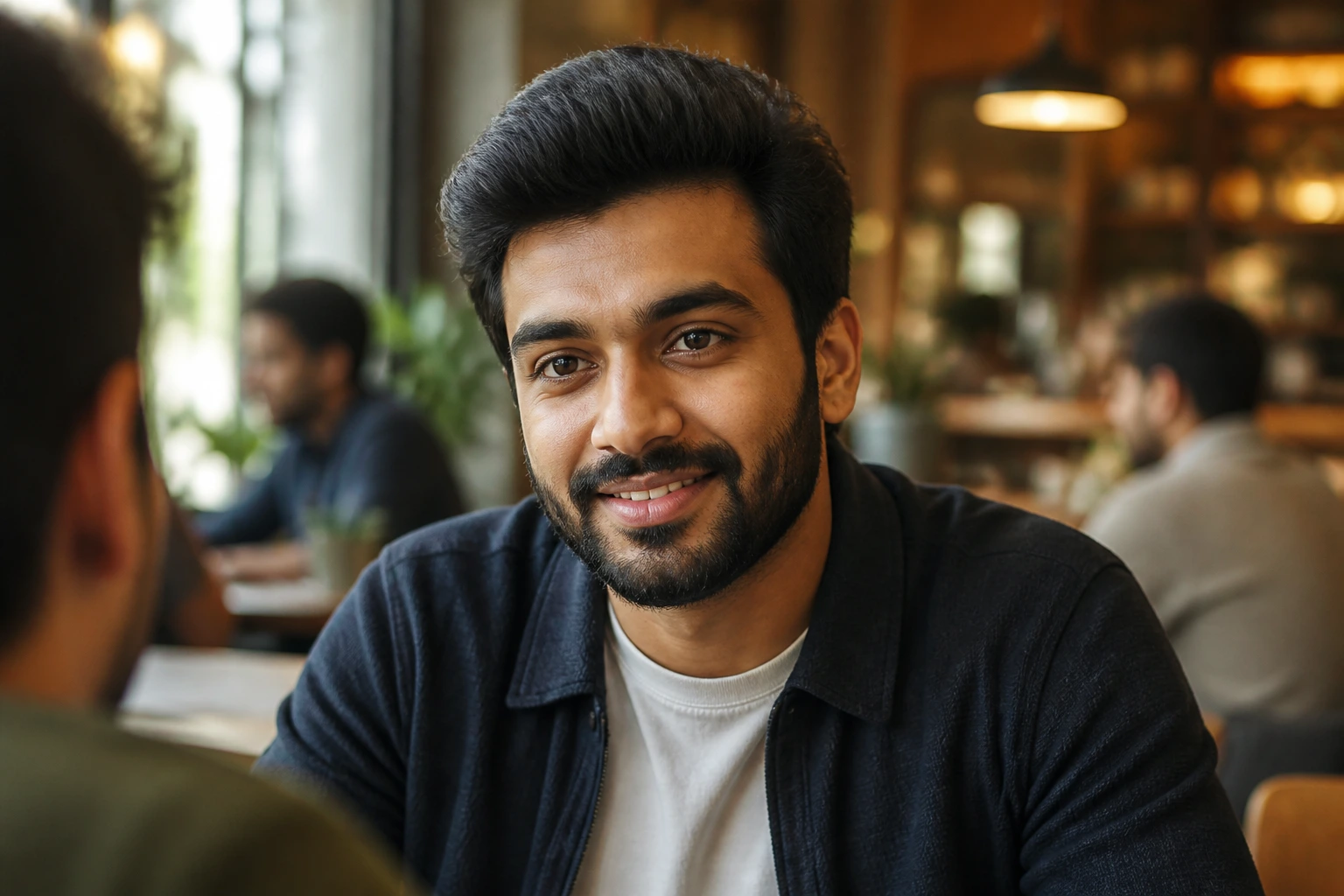 Close-up portrait of a professional in a cafe, suggesting networking and referrals