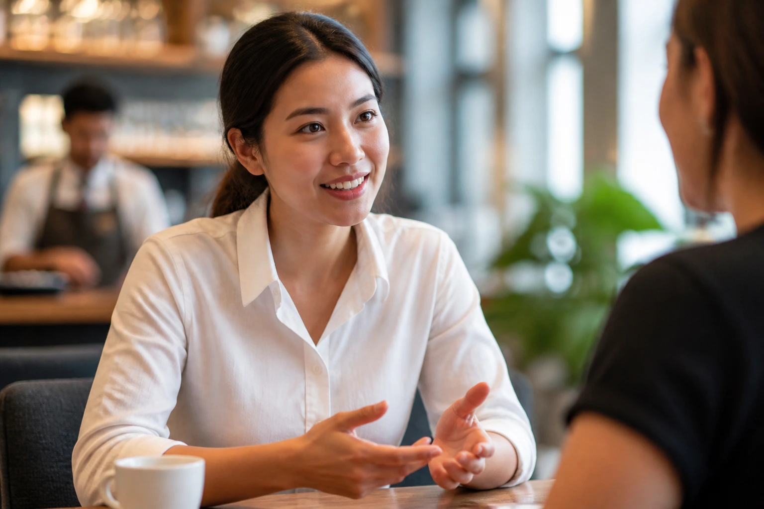 Professional networking at a cafe, engaging conversation