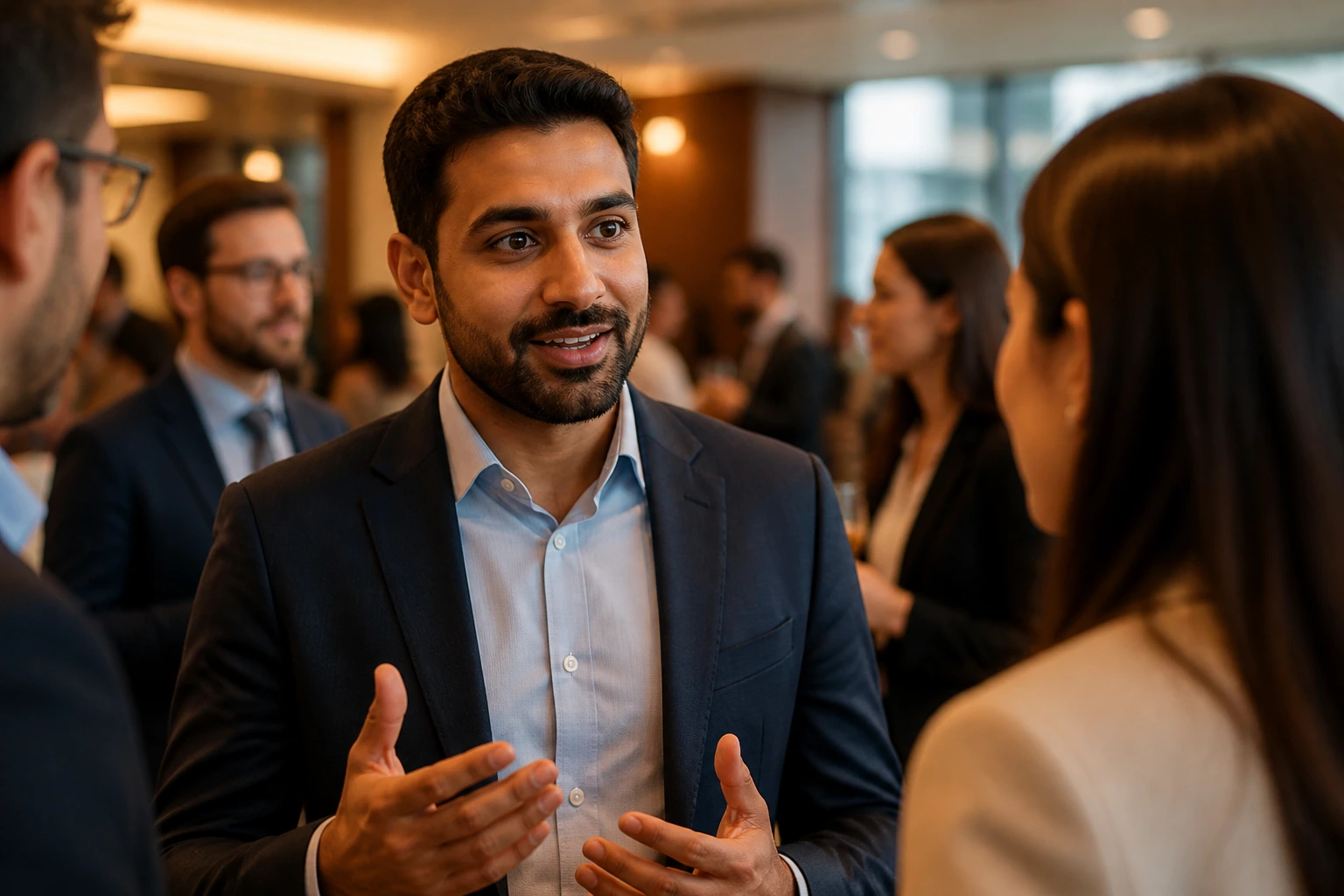 Close-up of professional networking at an event