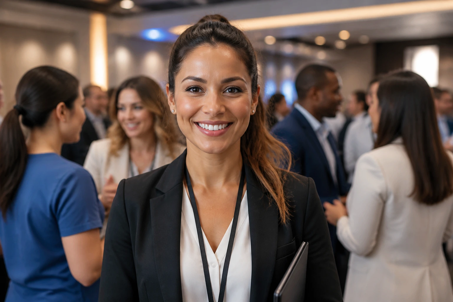 Dental hygienist networking at a conference with a confident expression