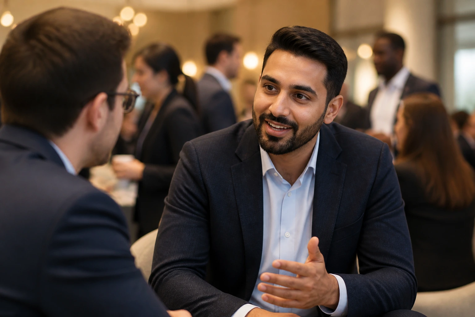 Professional networking at a conference lounge