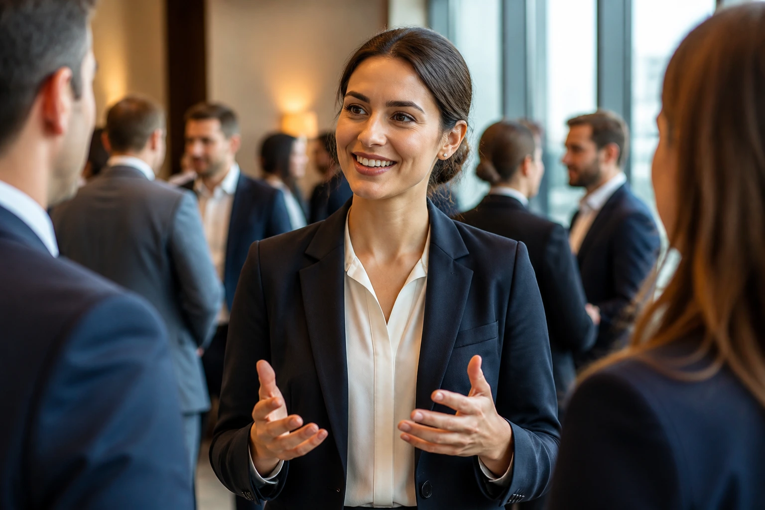 Professional hotel manager networking in a modern office