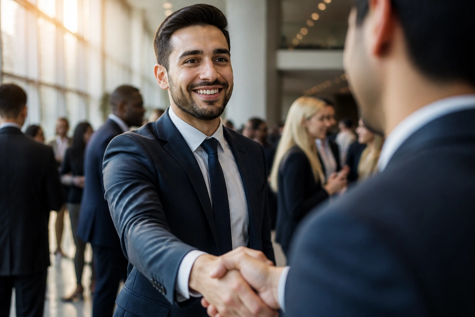 Close-up of a professional handshake in a conference setting