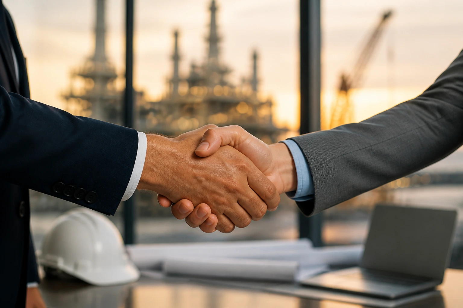 Close-up handshake between two professionals in an office setting