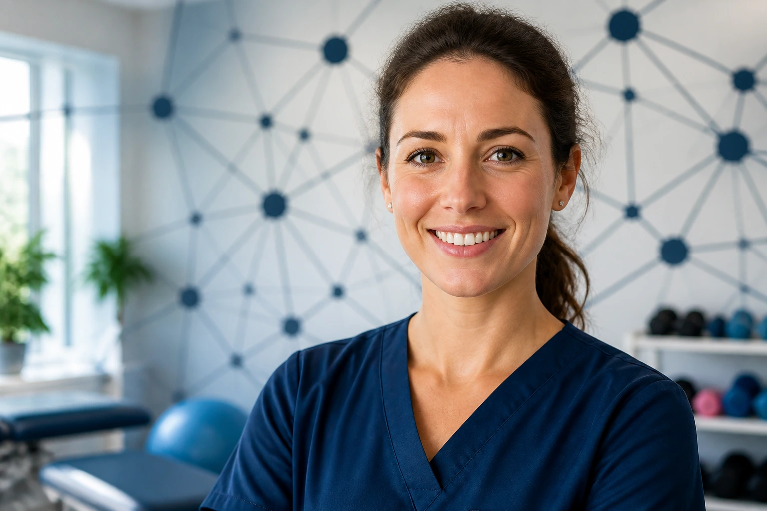 Physiotherapist in a clinic with a network-patterned wall, conveying professional networking