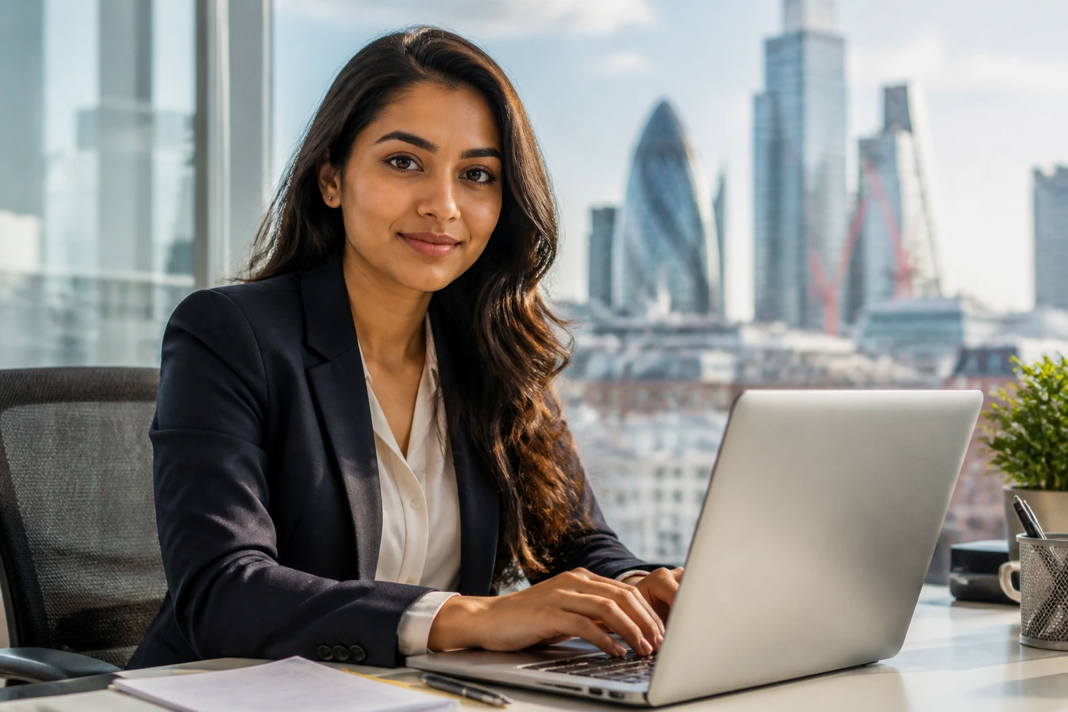 Close-up portrait of a professional woman networking in a modern office for international candidates