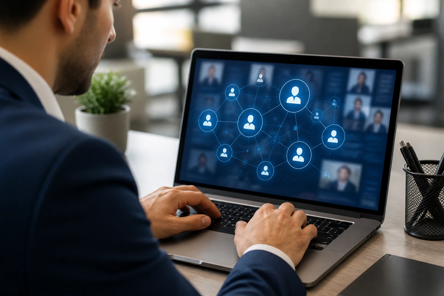 Professional networking on laptop in a bright office