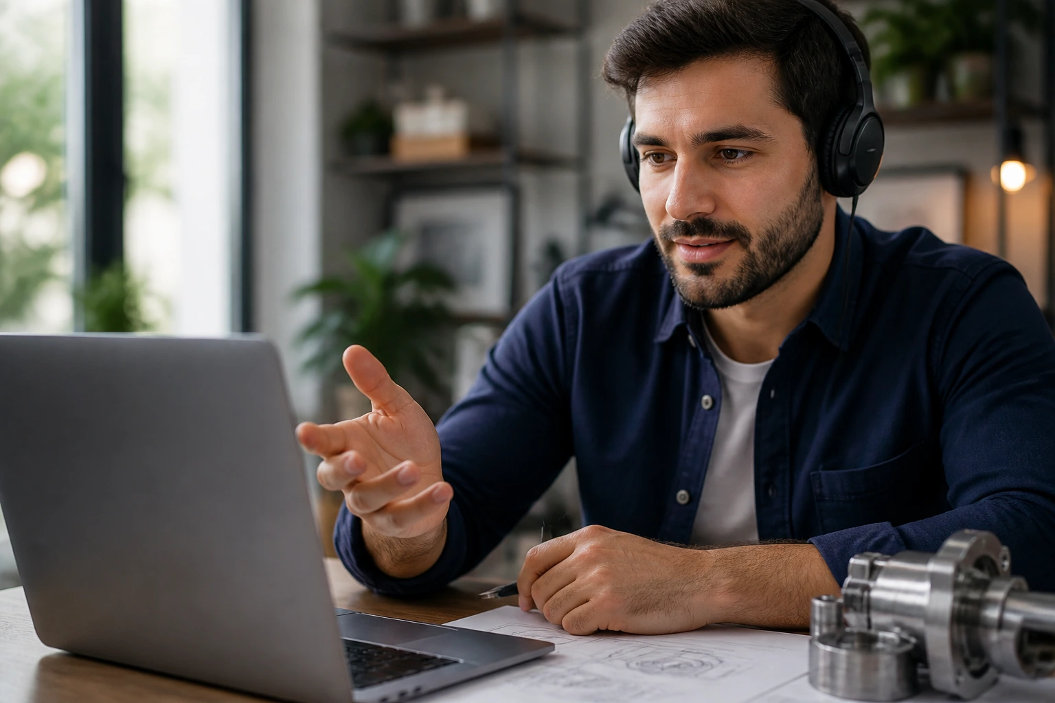 Close-up portrait of a mechanical engineer networking online from a workspace