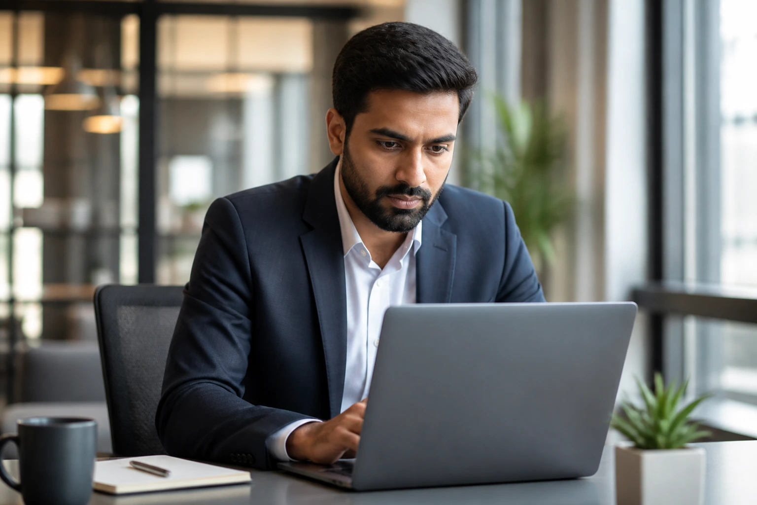 Close-up portrait of a professional at a desk focusing on networking strategy in a modern office