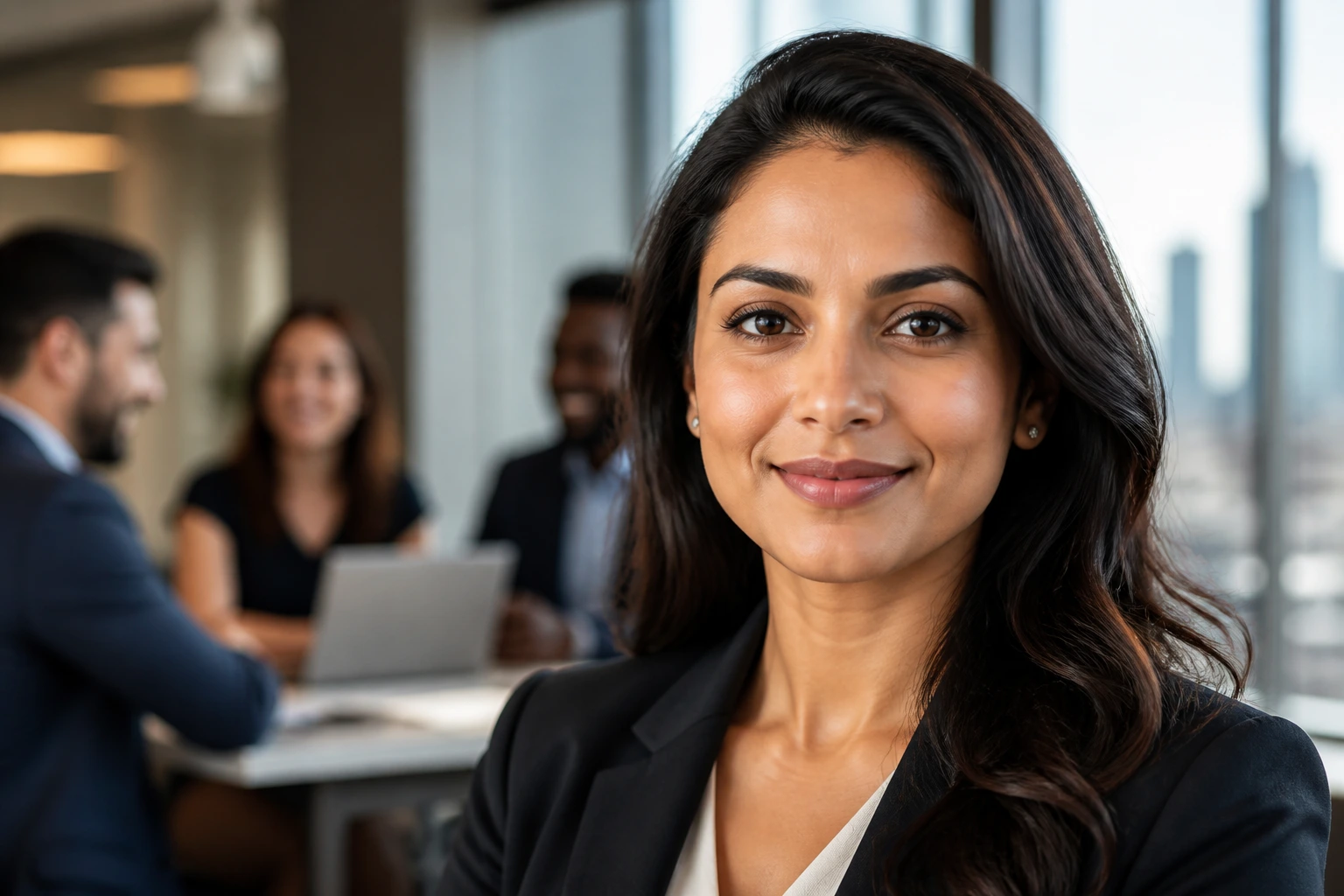 Close-up portrait of a professional in an office signaling networking and outreach, no text