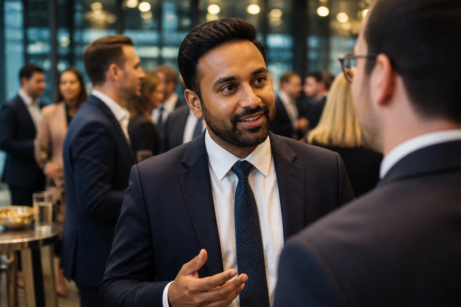Close-up of a professional engaging in conversation at a networking event