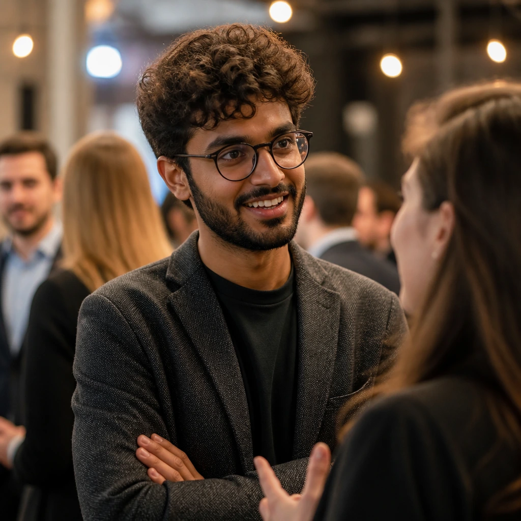 Portrait of a graphic designer networking at a professional event